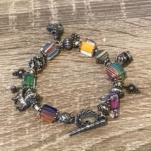 Sterling Silver Art Glass Beaded Cat Themed Charm Toggle Clasp Necklace 7 3/4" L